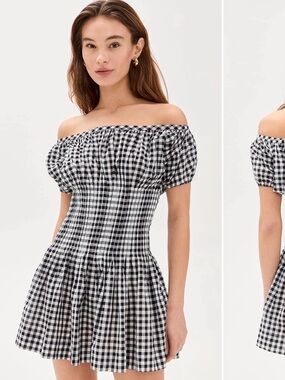 Frankie's Bikinis Black and White Gingham Off-Shoulder Mini Dress